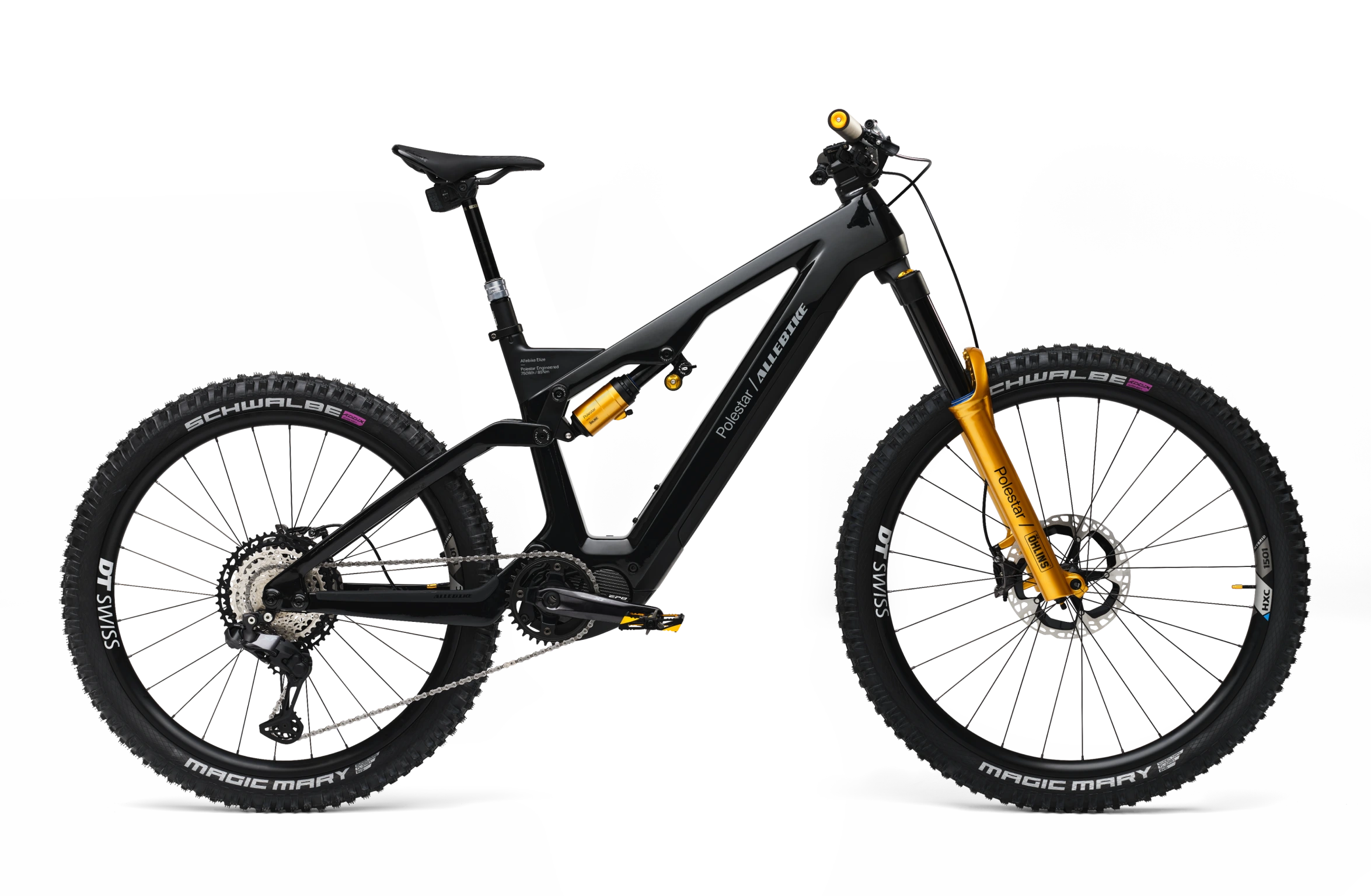 Elektrisk mountainbike med sort kulfiberstel, guldfarvet Öhlins-affjedring og Schwalbe-dæk i samarbejde med Allebike.