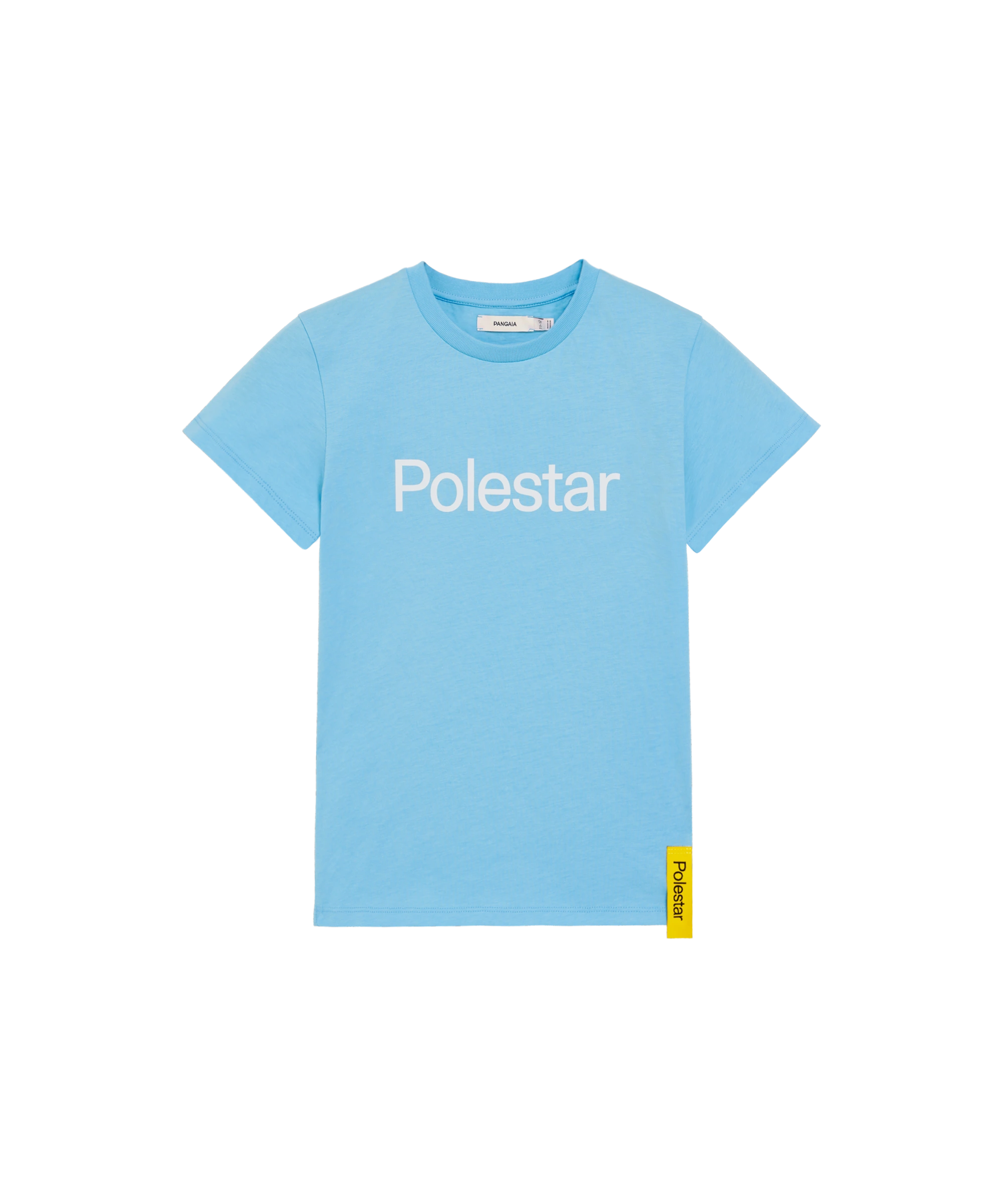 Blue t-shirt for kids with white Polestar wordmark on the front and yellow side tag